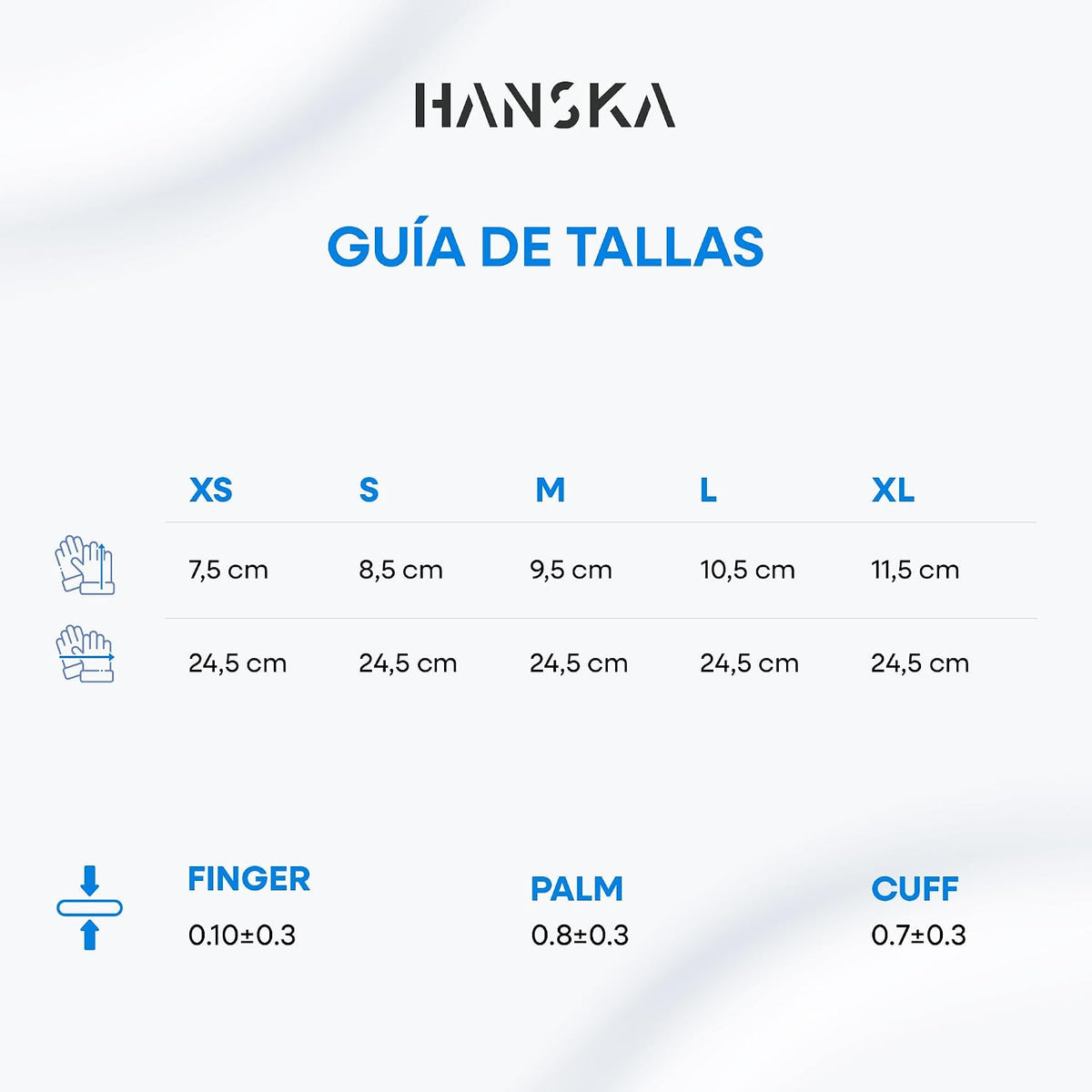 Guia de tallas HANSKA: anchura de palma S 8,5 cm, M 9,5 cm, L 10,5 cm, XL 11,5 cm