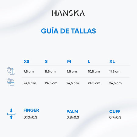 Guia de tallas HANSKA: anchura de palma S 8,5 cm, M 9,5 cm, L 10,5 cm, XL 11,5 cm