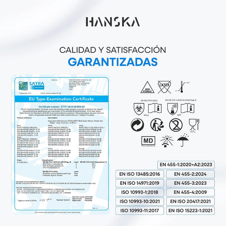 Certificado de examen UE y normas aplicadas: EN 455, EN ISO 374, ISO 13485
