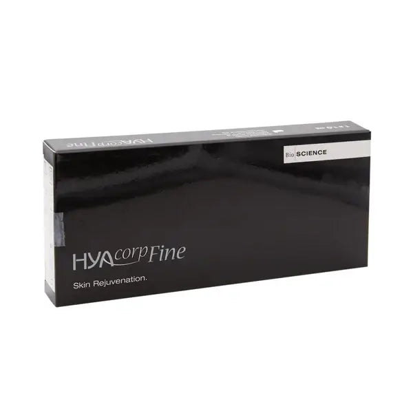 HYAcorp Fine skin rejuvenation treatment packaging, featuring high-quality hyaluronic acid for dermal fillers and mesotherapy.