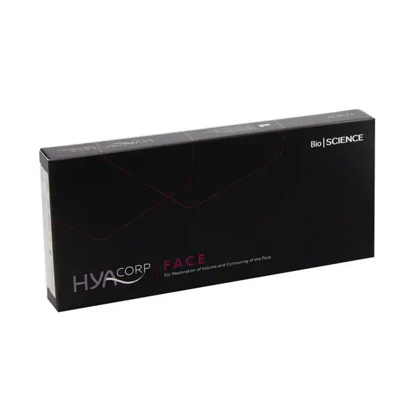 HYAcorp Face dermal filler packaging for restoring facial volume and smoothing wrinkles, featuring high-quality hyaluronic acid.