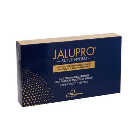 Jalupro Super Hydro box with 3.2% sodium hyaluronate, high and low molecular weight, for dermal fillers and mesotherapy.