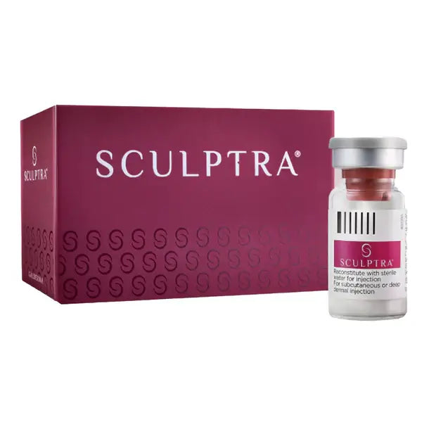 Sculptra dermal filler product bottle and box for facial volume restoration and collagen stimulation. Original high-quality mesotherapy.