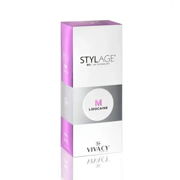 Stylage M Bi-SOFT Lidocaine dermal filler packaging for facial volume restoration and wrinkle treatment.