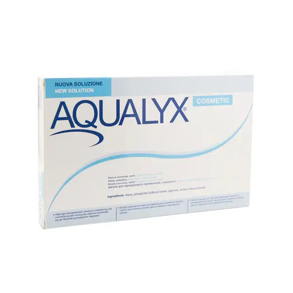 Aqualyx cosmetic solution box for localized fat reduction, featuring deoxycholic acid, available from top European distributors.