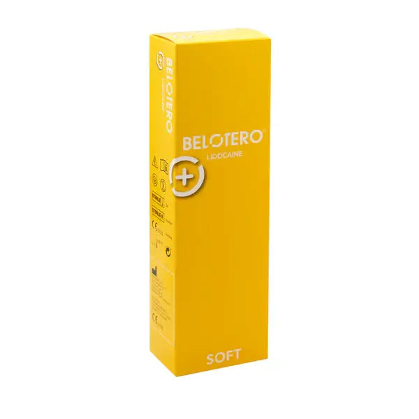 Belotero Soft Lidocaine dermal filler packaging designed for fine lines and skin hydration, featuring original quality and fast shipping.