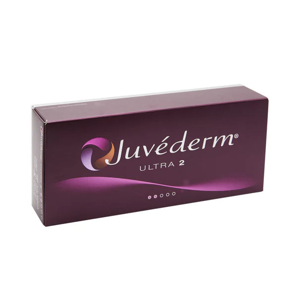 Juvéderm Ultra 2 dermal filler box for smoothing fine lines and enhancing lip contours, featuring hyaluronic acid and lidocaine.