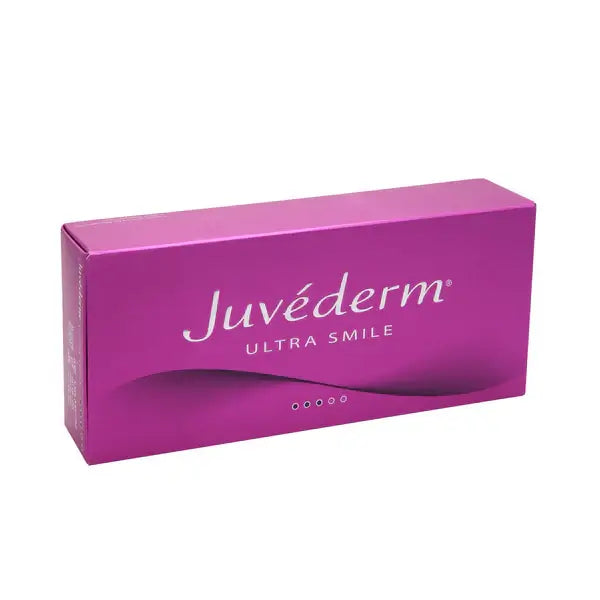 Juvéderm Ultra Smile box for dermal fillers, promoting lip volume and hydration, available from a Europe distributor.