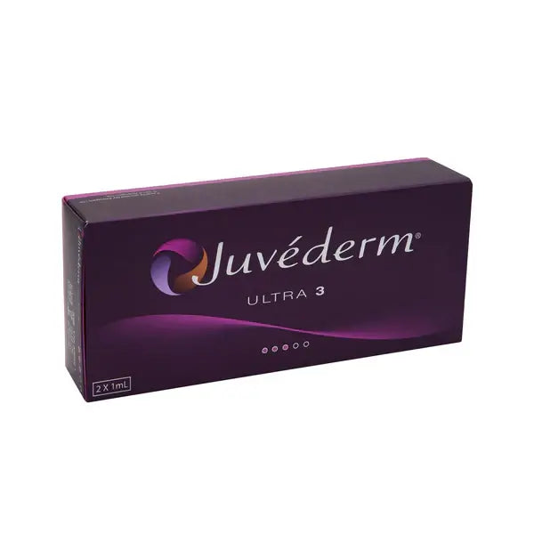 Juvéderm Ultra 3 dermal filler box, containing 2 x 1ml, ideal for facial contouring and smoothing wrinkles. Best quality in Europe.