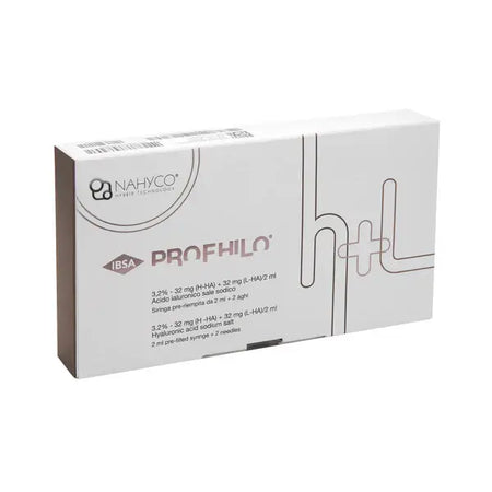 Profhilo H+L packaging showcasing hyaluronic acid treatment for skin hydration and elasticity, ideal for dermal fillers.