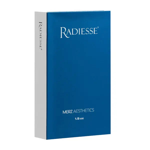 Radiesse dermal filler packaging from Merz Aesthetics, 1.5 cc, high-quality calcium hydroxyapatite for facial volume restoration.