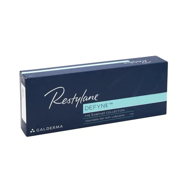 Restylane Defyne dermal filler box for deep wrinkles, featuring XpresHAn technology and hyaluronic acid, 1ml injectable gel.