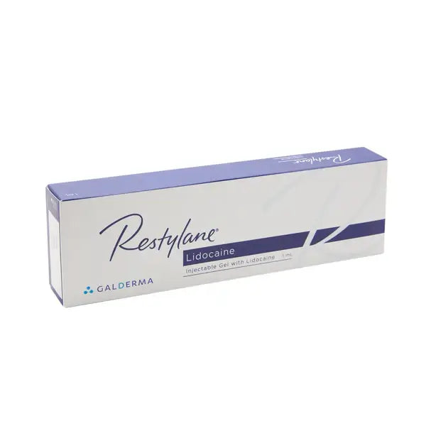 Restylane Lidocaine dermal filler packaging, featuring hyaluronic acid and lidocaine for comfortable treatment.