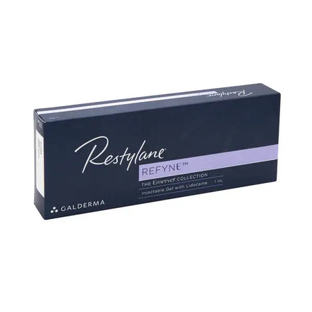 Packaging of Restylane Refyne dermal filler, featuring XpresHAn technology for natural-looking results.