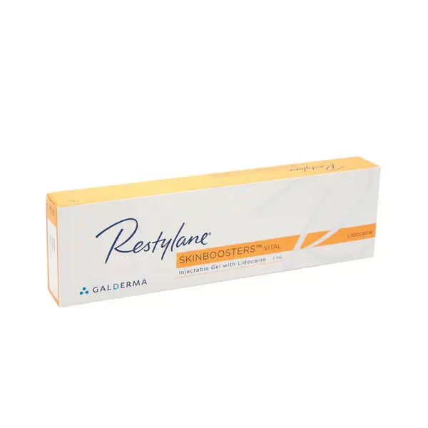 Restylane Vital Skinboosters with Lidocaine box, a premium dermal filler for skin hydration and elasticity enhancement.