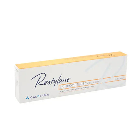 Restylane Vital Light Skinboosters Lidocaine box, featuring dermal fillers for enhanced skin hydration and texture.