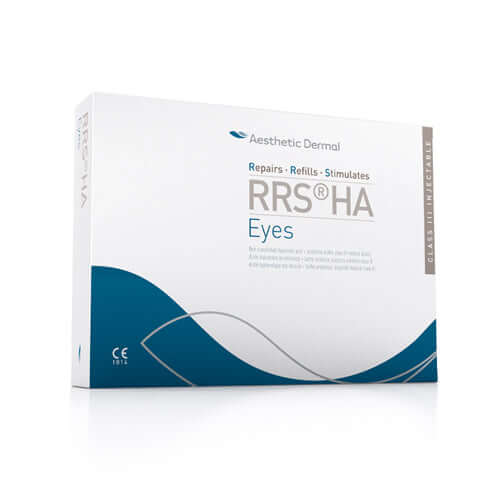 RRS HA Eyes packaging for dermal fillers, designed to rejuvenate the eye area with hyaluronic acid and bioactive compounds. Best price, fast shipping.