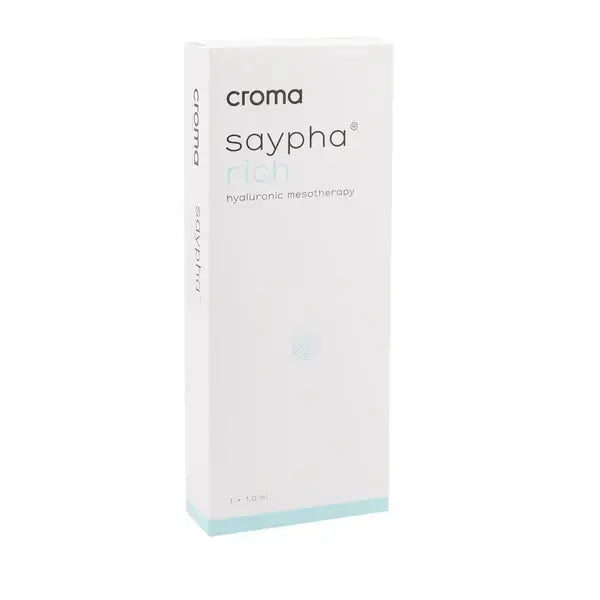 Saypha Rich dermal filler packaging, hyaluronic mesotherapy product by Croma for skin rejuvenation and hydration.