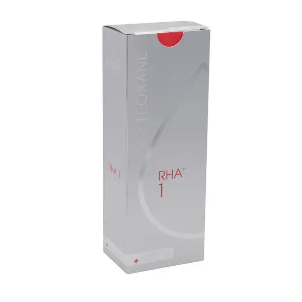 Teosyal RHA 1 dermal filler box, designed for fine line correction and skin elasticity enhancement, available from a European distributor.