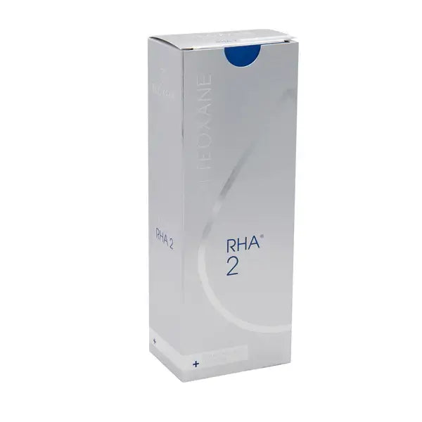 Teosyal RHA 2 dermal filler box with advanced hyaluronic acid for rejuvenating skin and smoothing wrinkles.