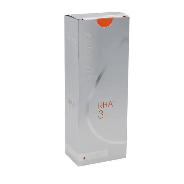 Teosyal RHA 3 dermal filler packaging, original product for deep wrinkle treatment and facial volume restoration.